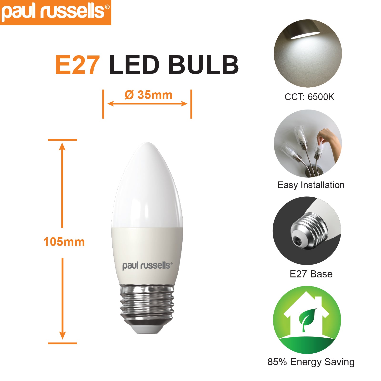 LED Candle 6.5W=60W Day Light Edison Screw ES E27 Bulbs