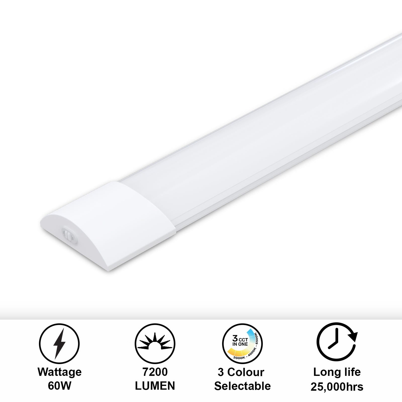 6ft, 60W LED Batten Light, 7200 Lumens, 3000K/4000K/6500K 3CCT, 120° Indoor Ceiling Tube Light