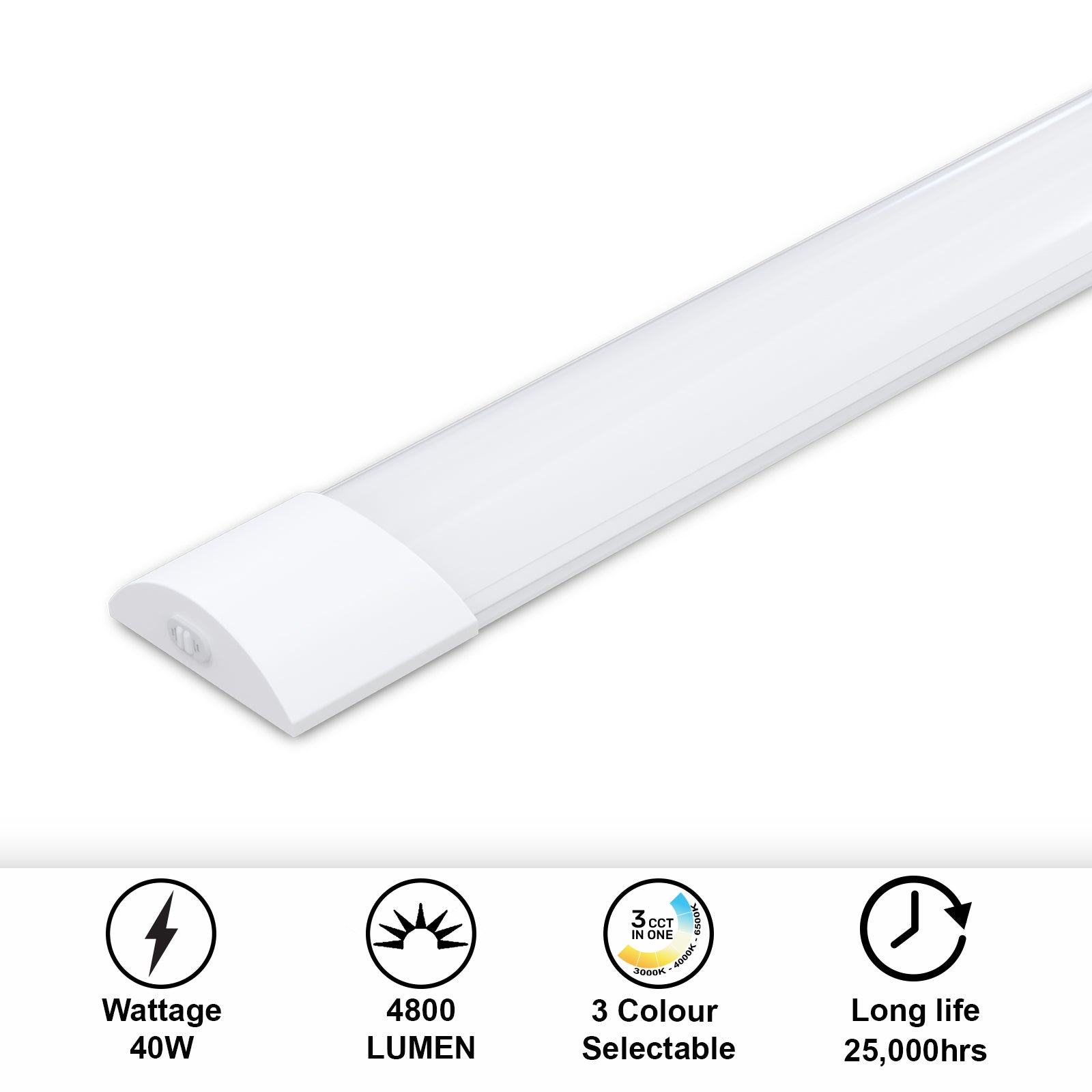 4ft, 40W LED Batten Light, 4800 Lumens, 3000K/4000K/6500K 3CCT, 120° Indoor Ceiling Tube Light