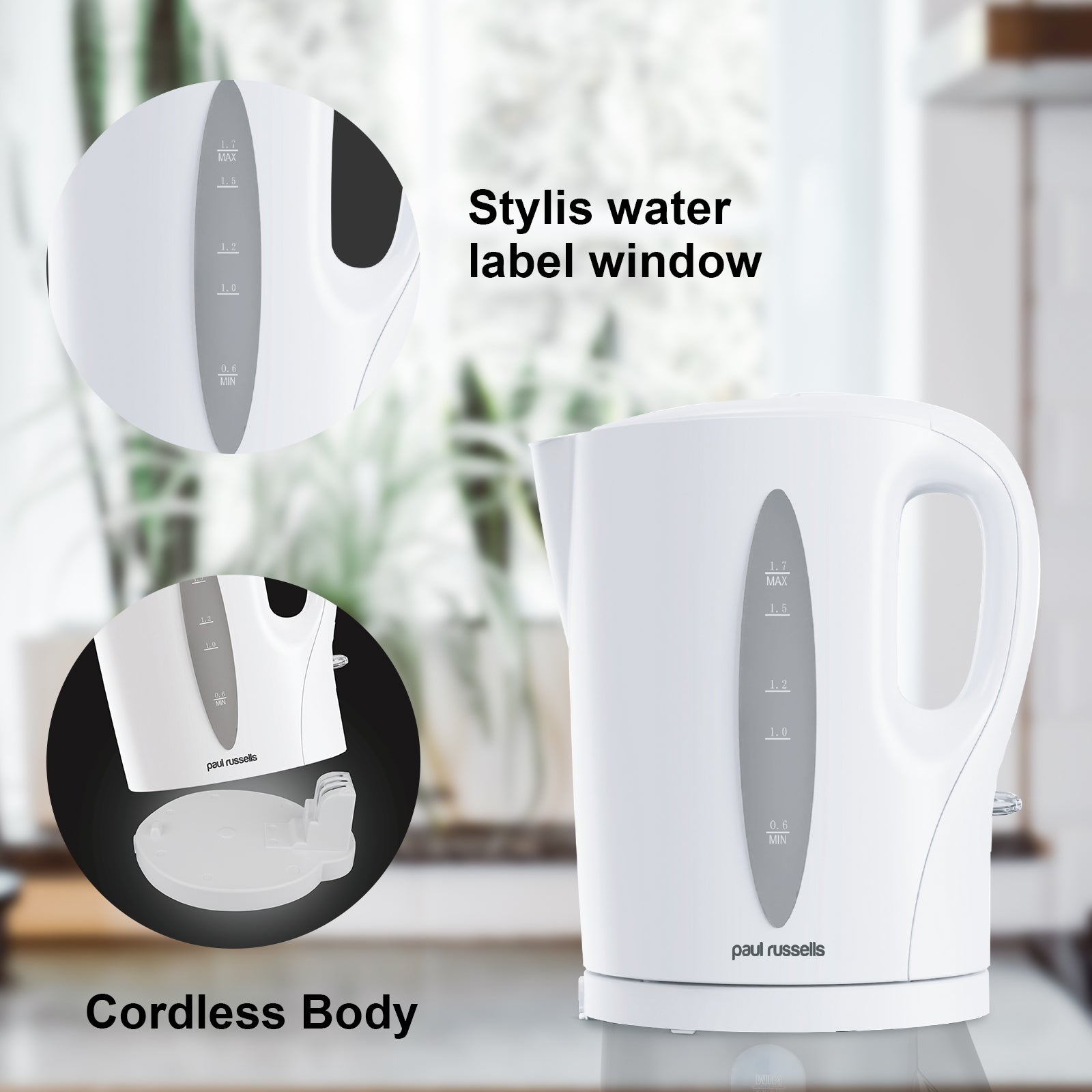 Paul Russells White Plastic Kettle - 1.7L Capacity, Perfect for 7 Cups, Family Size, Clear Water Window, LED Indicator, 2200w Quite boil, Sleek and Simple, Boil Dry Protection, Cord-free Serving.