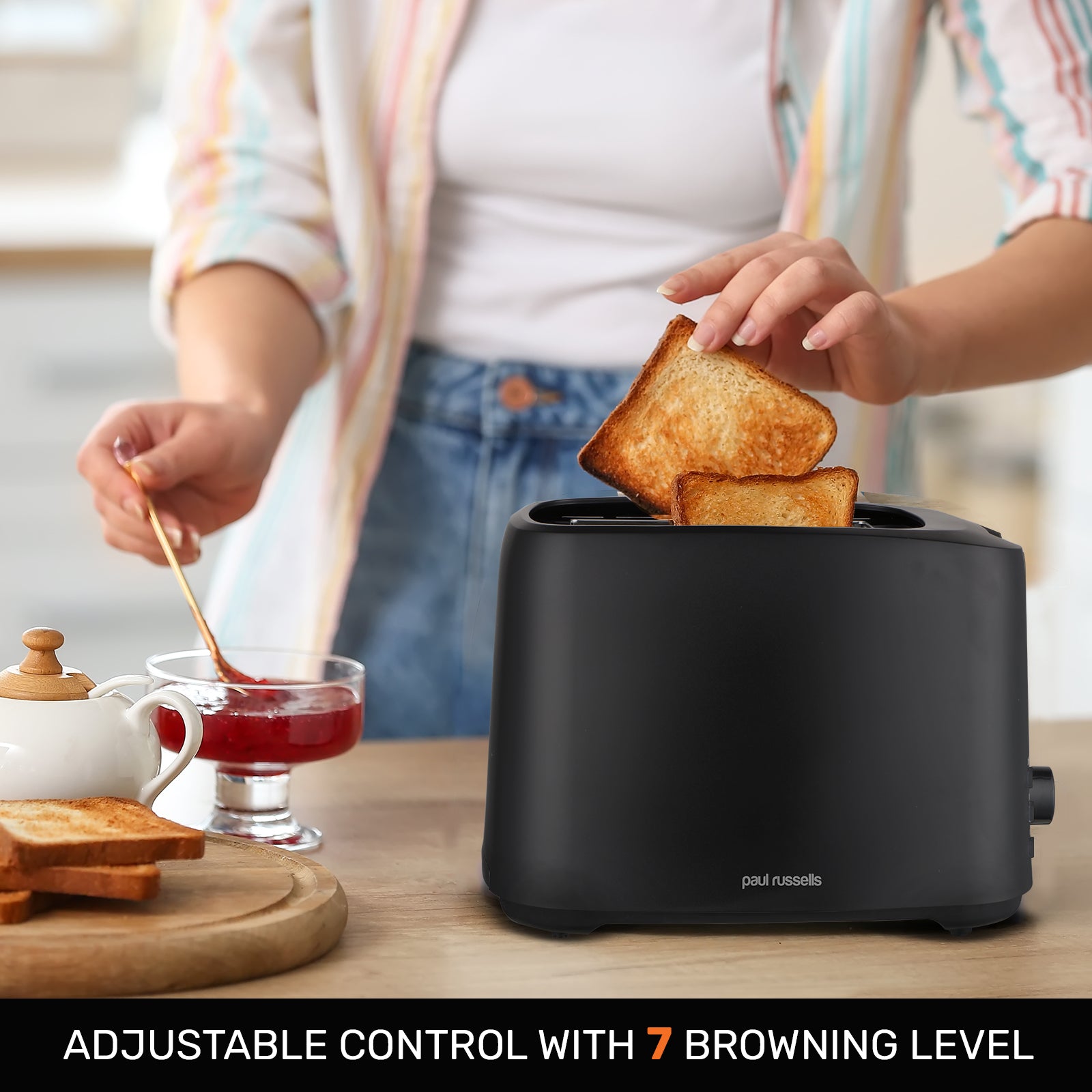 Electric Toaster, 700W, Black, 7-Setting Browning Control, Cord Storage Function, Removable Crumbs Tray