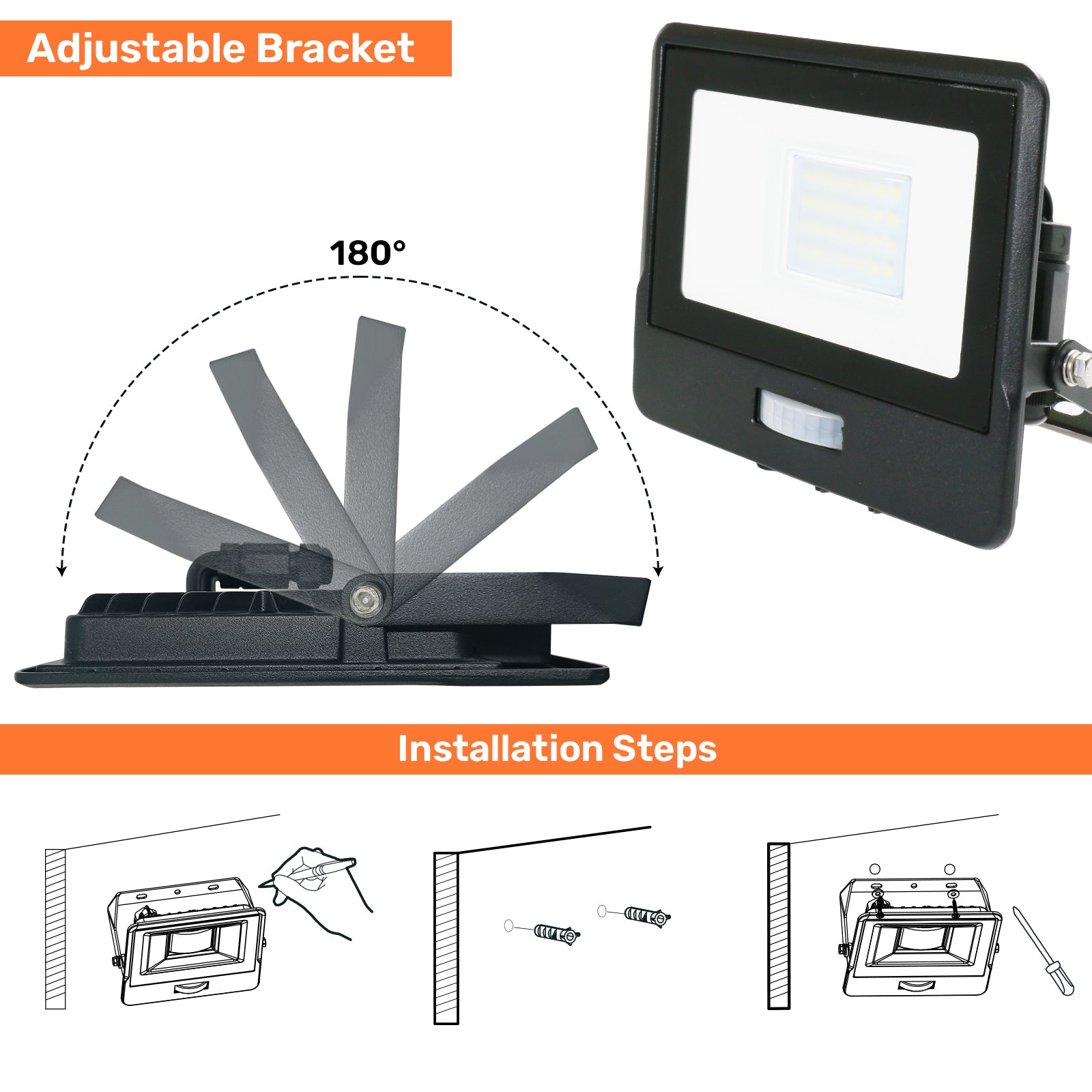 20W, LED Floodlights, 2000 Lumens, PIR Motion Sensor, 6500K Day Light, Non-Dimmable Spotlights