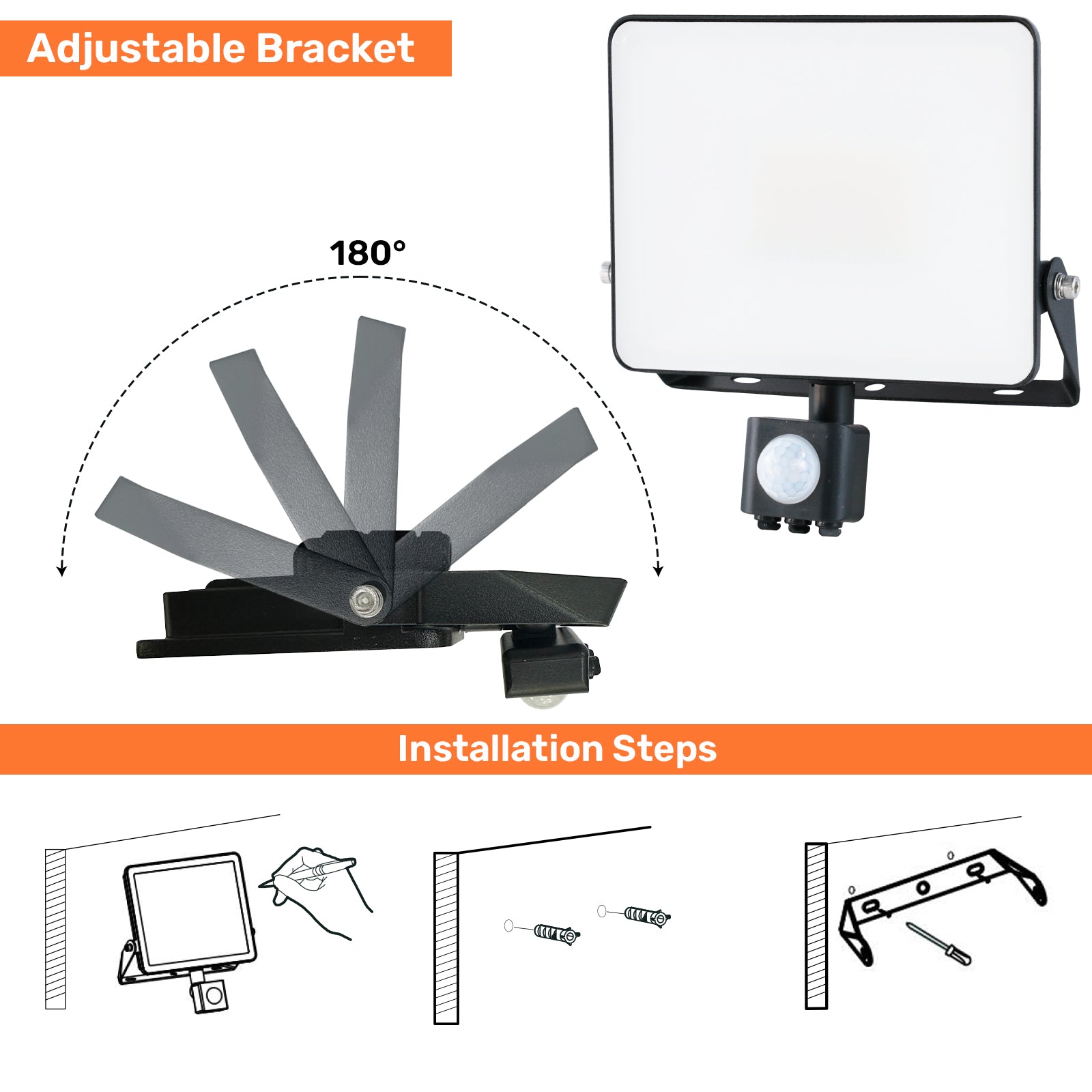30W, LED Floodlights, 3600 Lumens, PIR Motion Sensor, IP65, 6500K Day Light, Non-Dimmable Spotlights