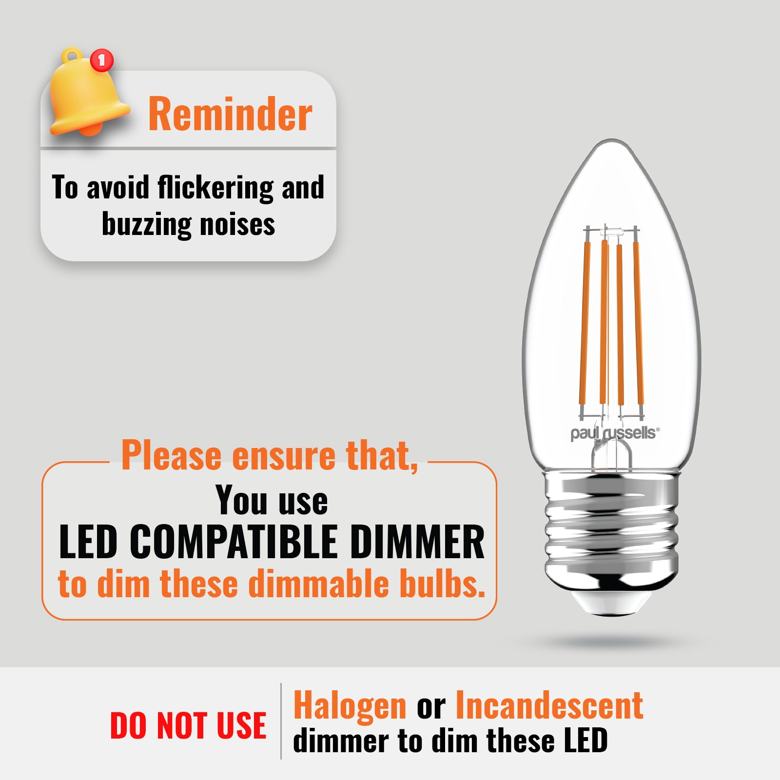 LED Dimmable Filament Candle 4.5W (40w), ES/E27, 423 Lumens, Warm White(2700K), 240V