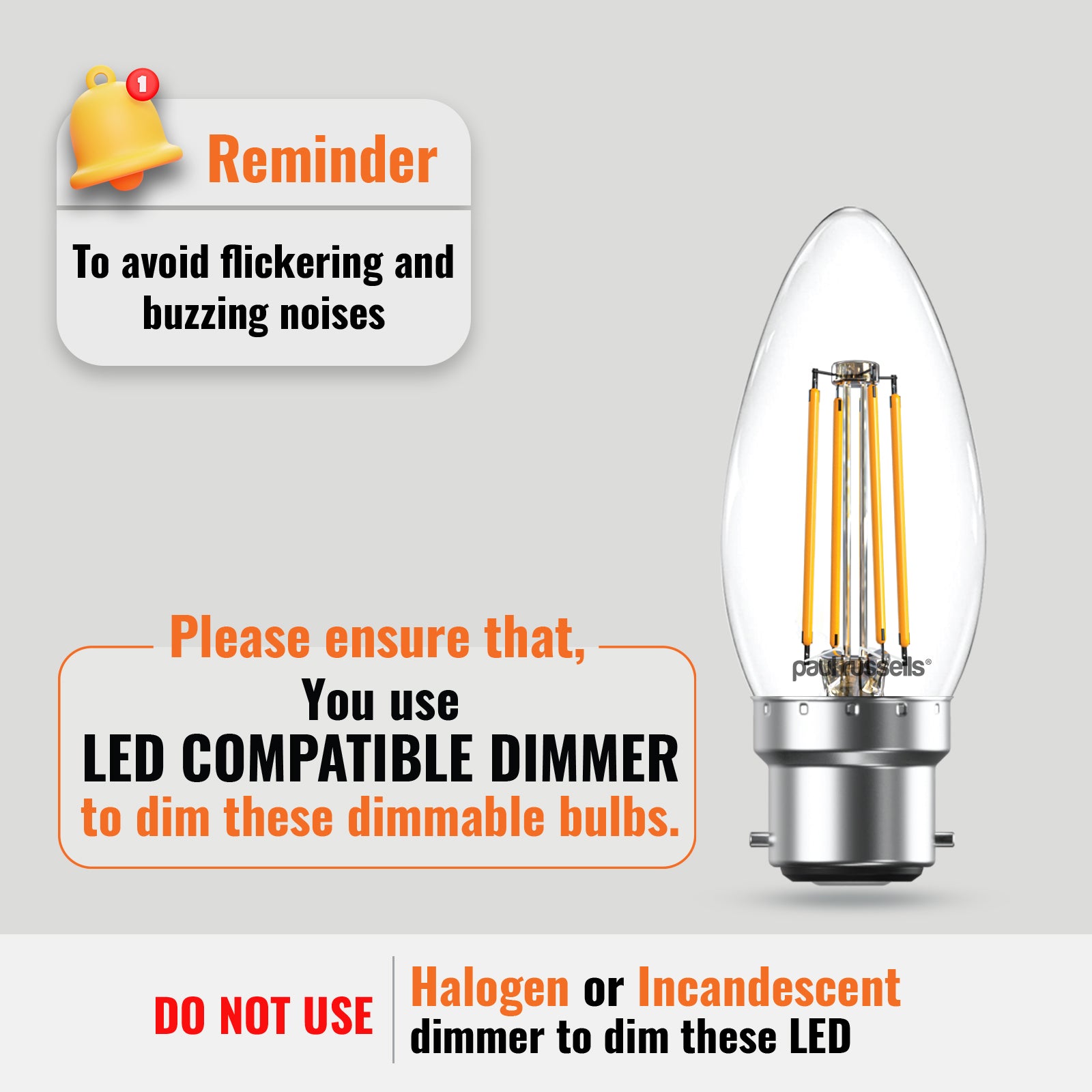 LED Dimmable Filament Candle 4.5W (40w), BC/B22, 423 Lumens, Warm White(2700K), 240V