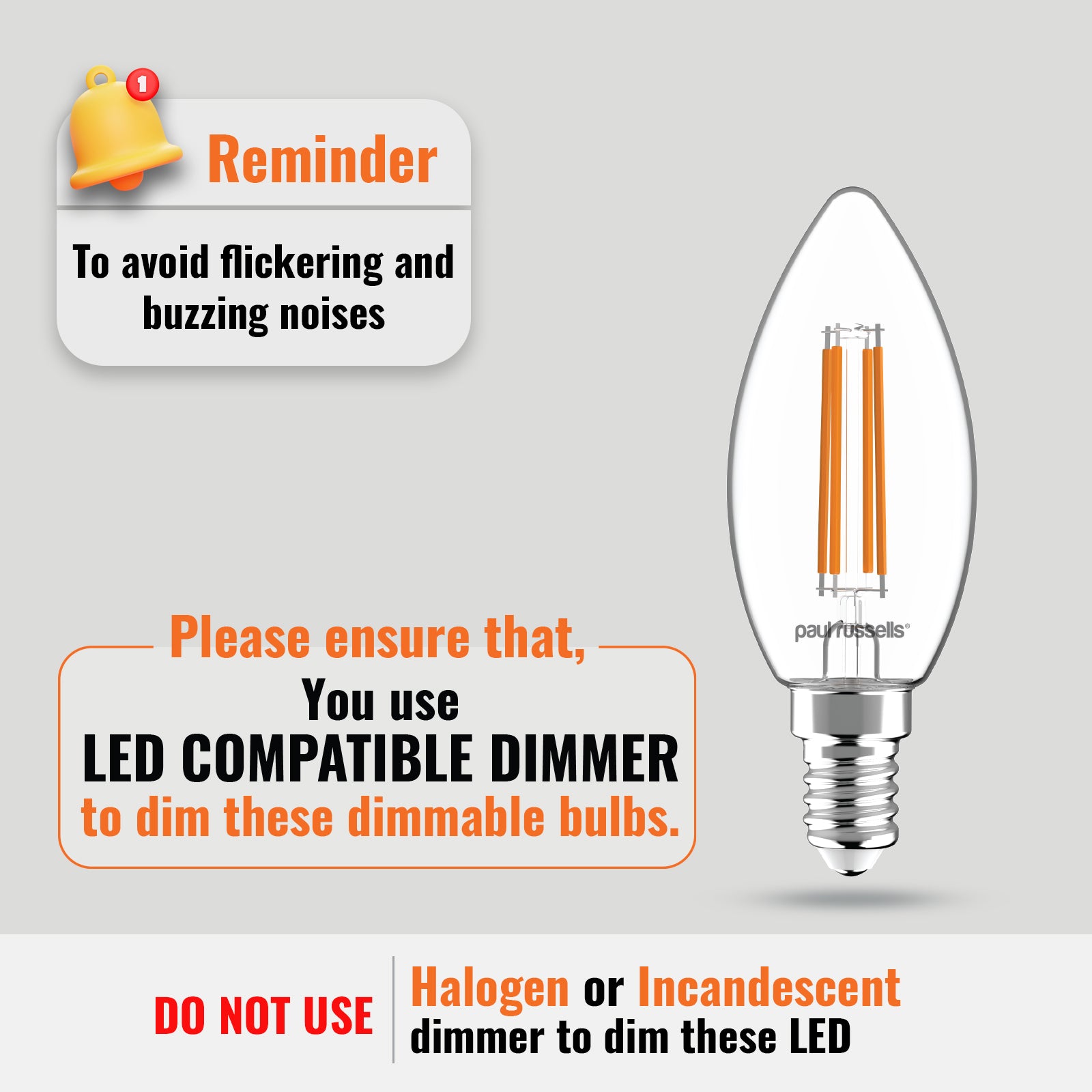 LED Dimmable Filament Candle 4.5W (40w), SES/E14, 423 Lumens, Warm White(2700K), 240V