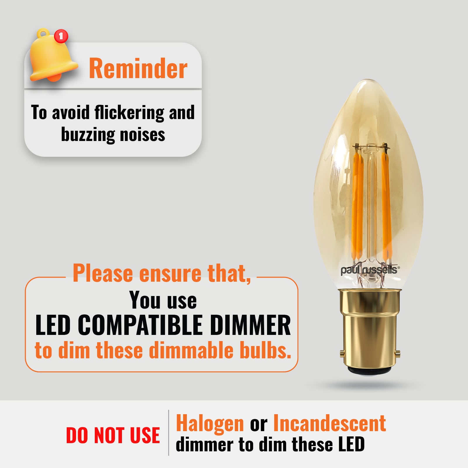 LED Dimmable Filament Candle 4.5W (40w), SBC/B15, 423 Lumens, Extra Warm White(2200K), 240V