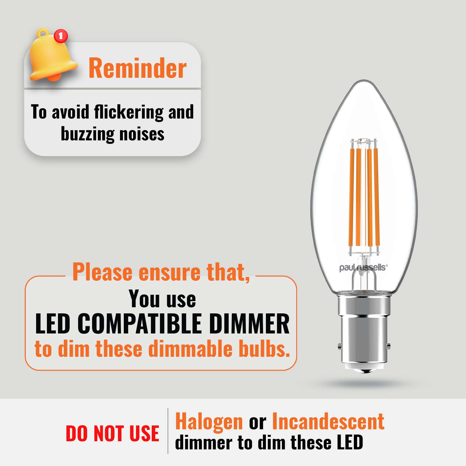 LED Dimmable Filament Candle 4.5W (40w), SBC/B15, 423 Lumens, Warm White(2700K), 240V