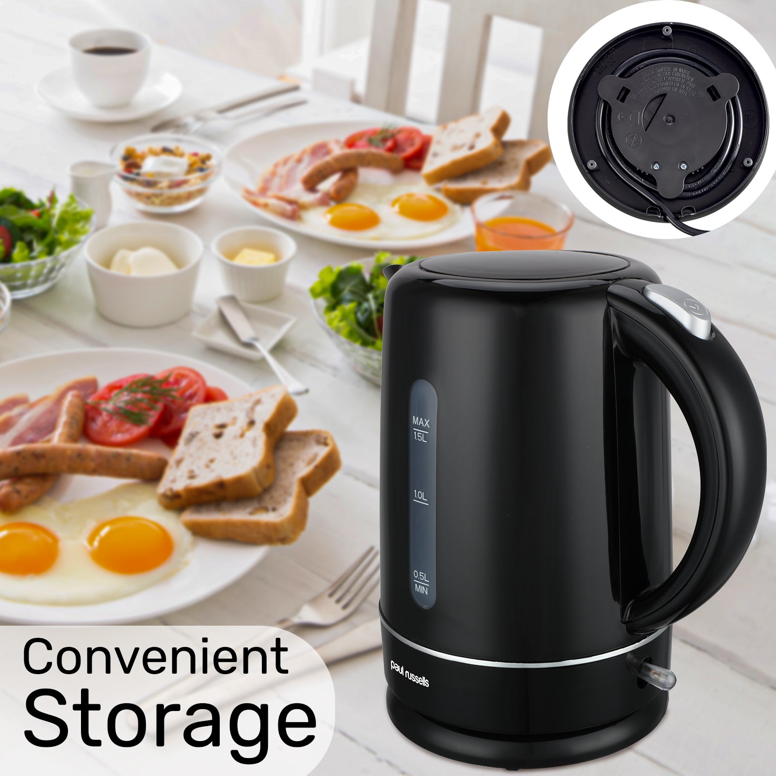 Paul Russells 3000W Cordless Electric Kettle - Ideal for Tea or Coffee Enthusiasts, 1.5L Capacity, Auto Shut Off, Transparent Water Window, 360° Swivel Base, Effortless Auto Lid Opening