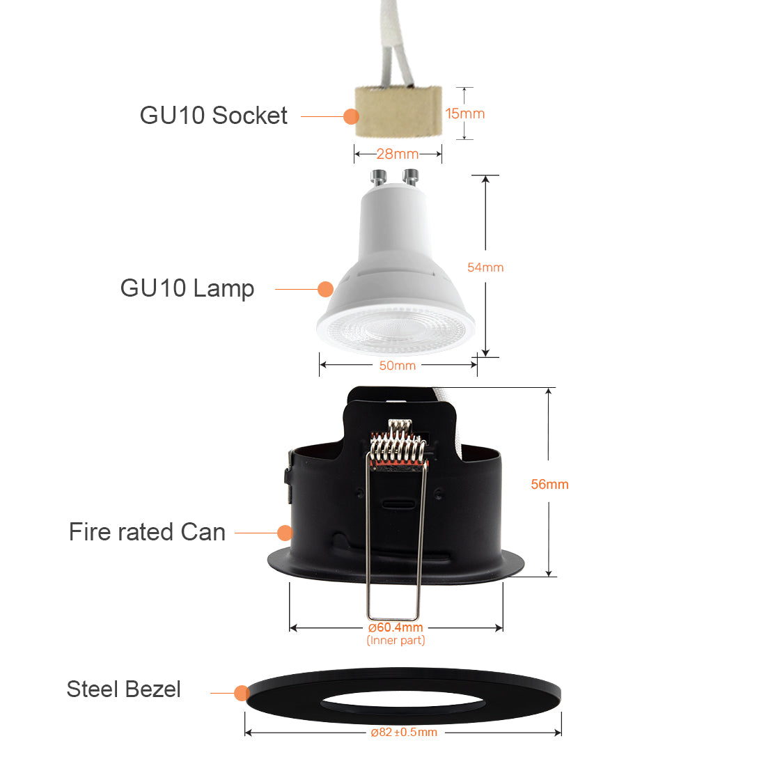 LED Fire Rated Downlights, IP65, Black Bezel, Without Bulb