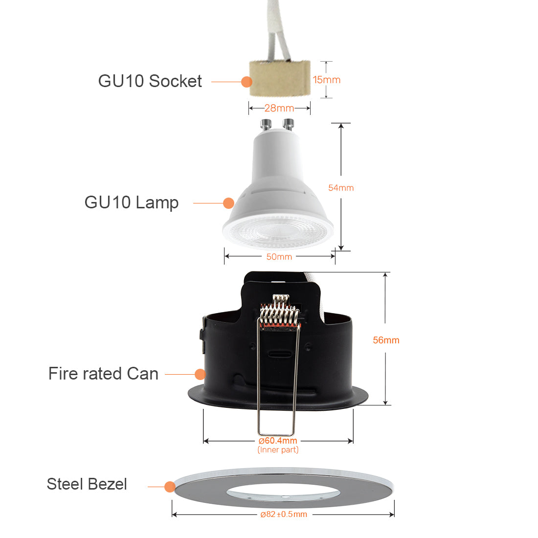 LED Fire Rated Downlights, IP65, Polished Chrome Bezel, Without Bulb