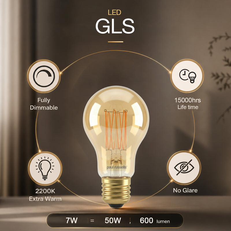 7W LED GLS, E27, 600lm, Dimmable, 2200K (3 Pack) Lit