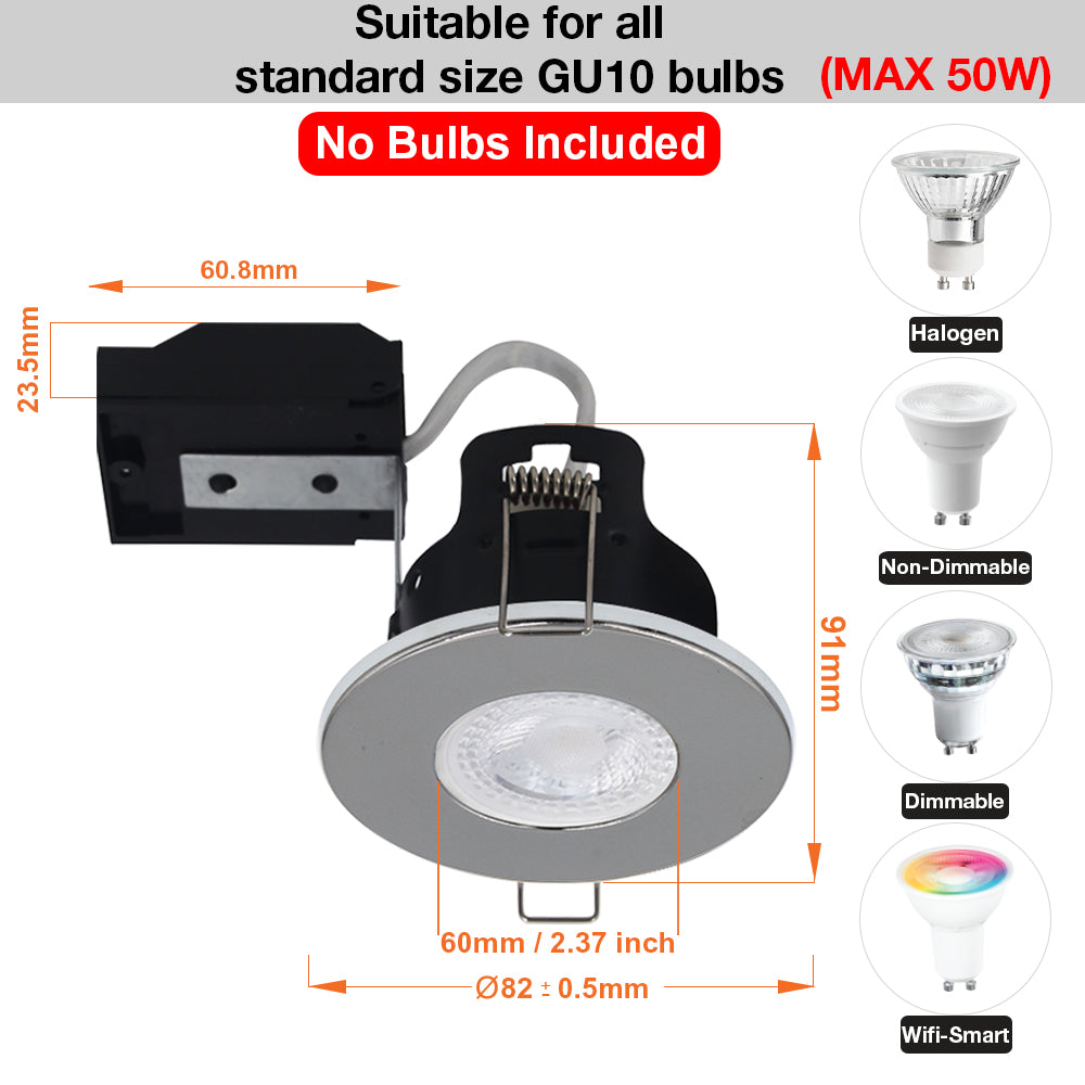 LED Fire Rated Downlights, IP20, Polished Chrome Bezel, Without Bulb