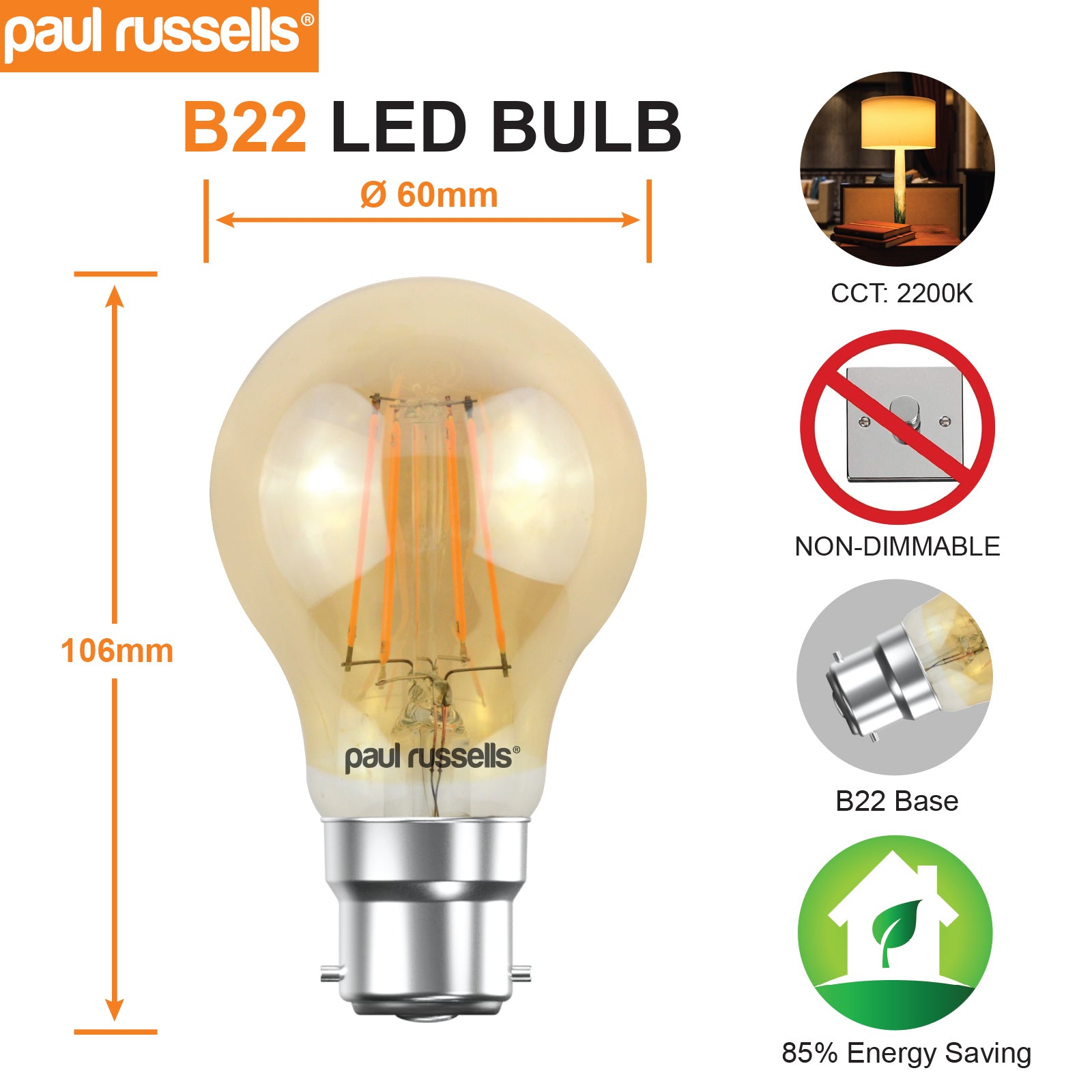 LED Filament GLS 4.5W=35W Extra Warm White Amber 2200K BC B22 Bayonet Cap Bulbs