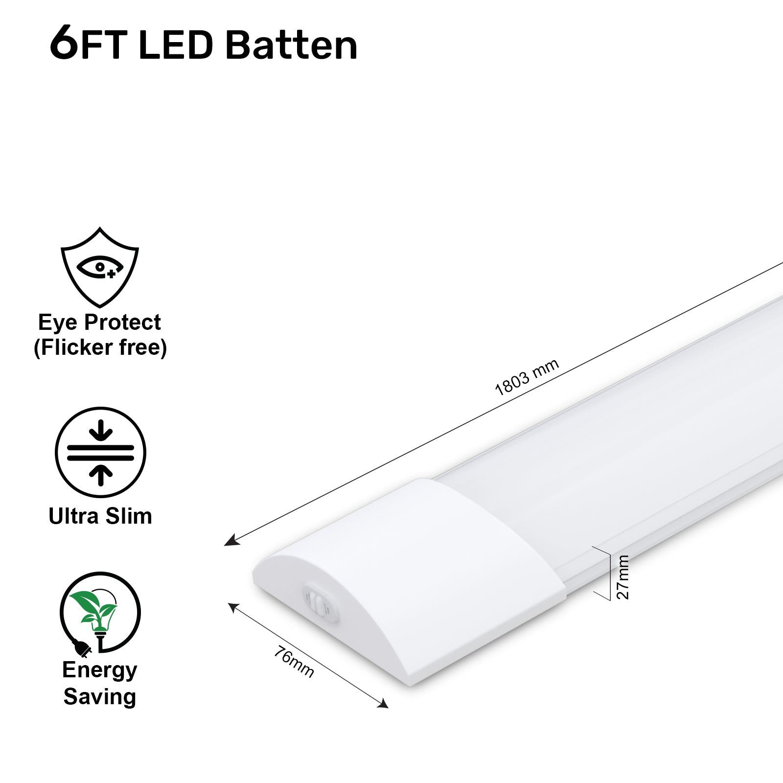 6ft, 60W LED Batten Light, 7200 Lumens, 3000K/4000K/6500K 3CCT, 120° Indoor Ceiling Tube Light
