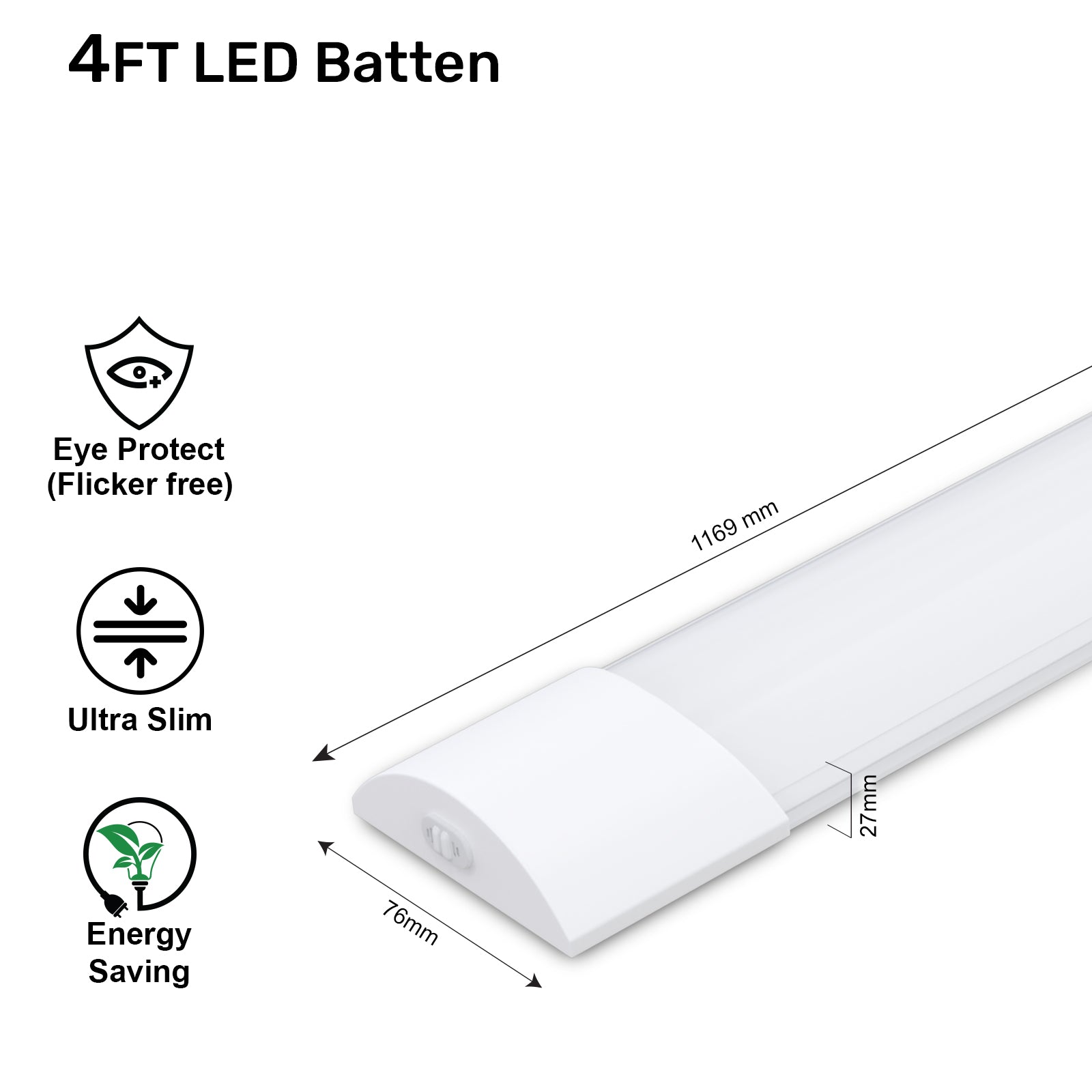 4ft, 40W LED Batten Light, 4800 Lumens, 3000K/4000K/6500K 3CCT, 120° Indoor Ceiling Tube Light