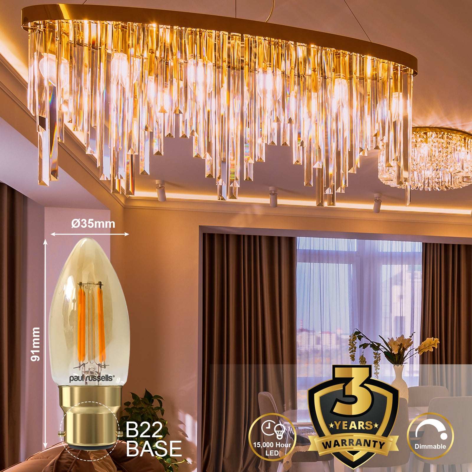 LED Dimmable Filament Candle 4.5W (40w), BC/B22, 423 Lumens, Extra Warm White(2200K), 240V