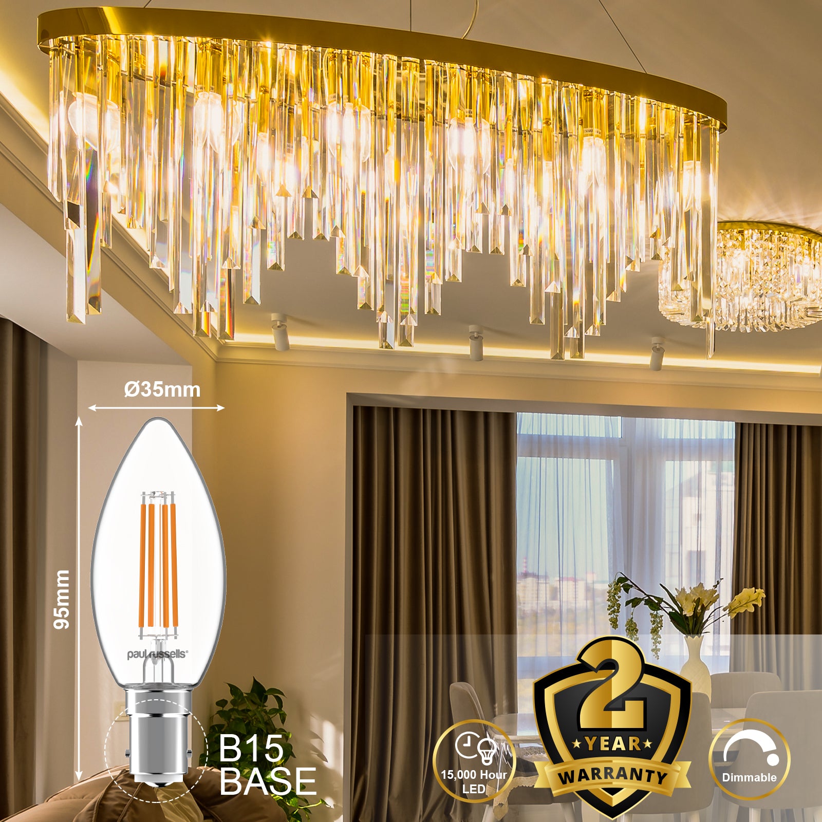 LED Dimmable Filament Candle 4.5W (40w), SBC/B15, 423 Lumens, Warm White(2700K), 240V