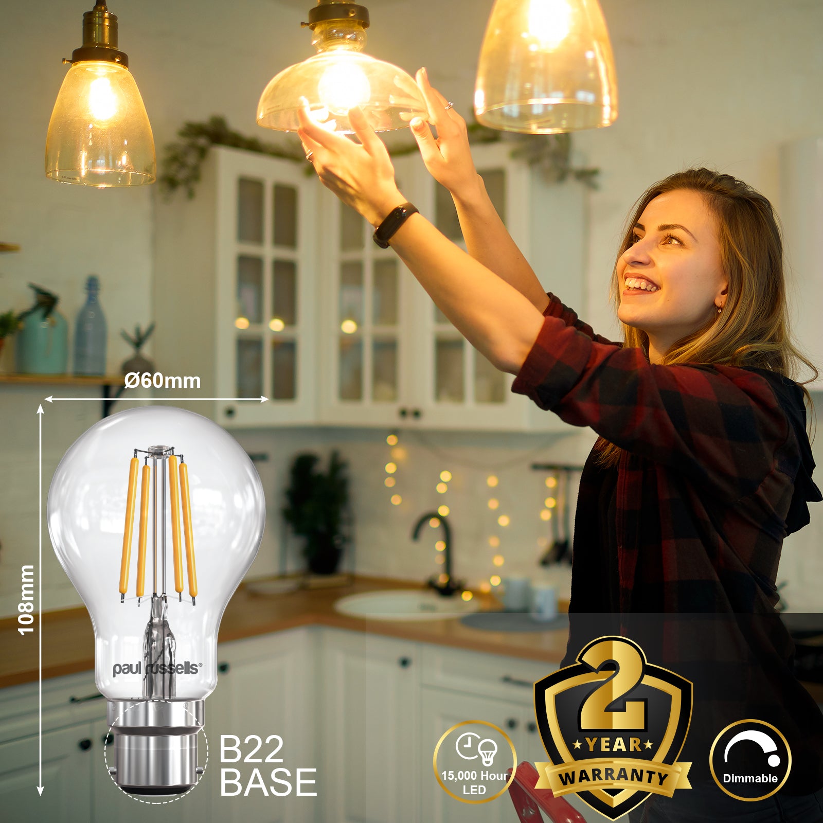 LED Dimmable Filament GLS 7W (60w), BC/B22, 806 Lumens, Warm White(2700K), 240V