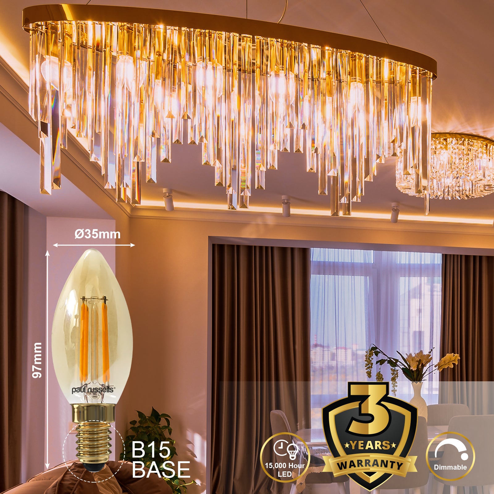 LED Dimmable Filament Candle 4.5W (40w), SES/E14, 423 Lumens, Extra Warm White(2200K), 240V