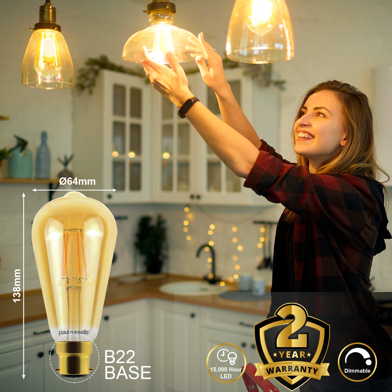 LED Dimmable Filament ST64 7W (60w), BC/B22, 725 Lumens, Extra Warm White(2200K), 240V