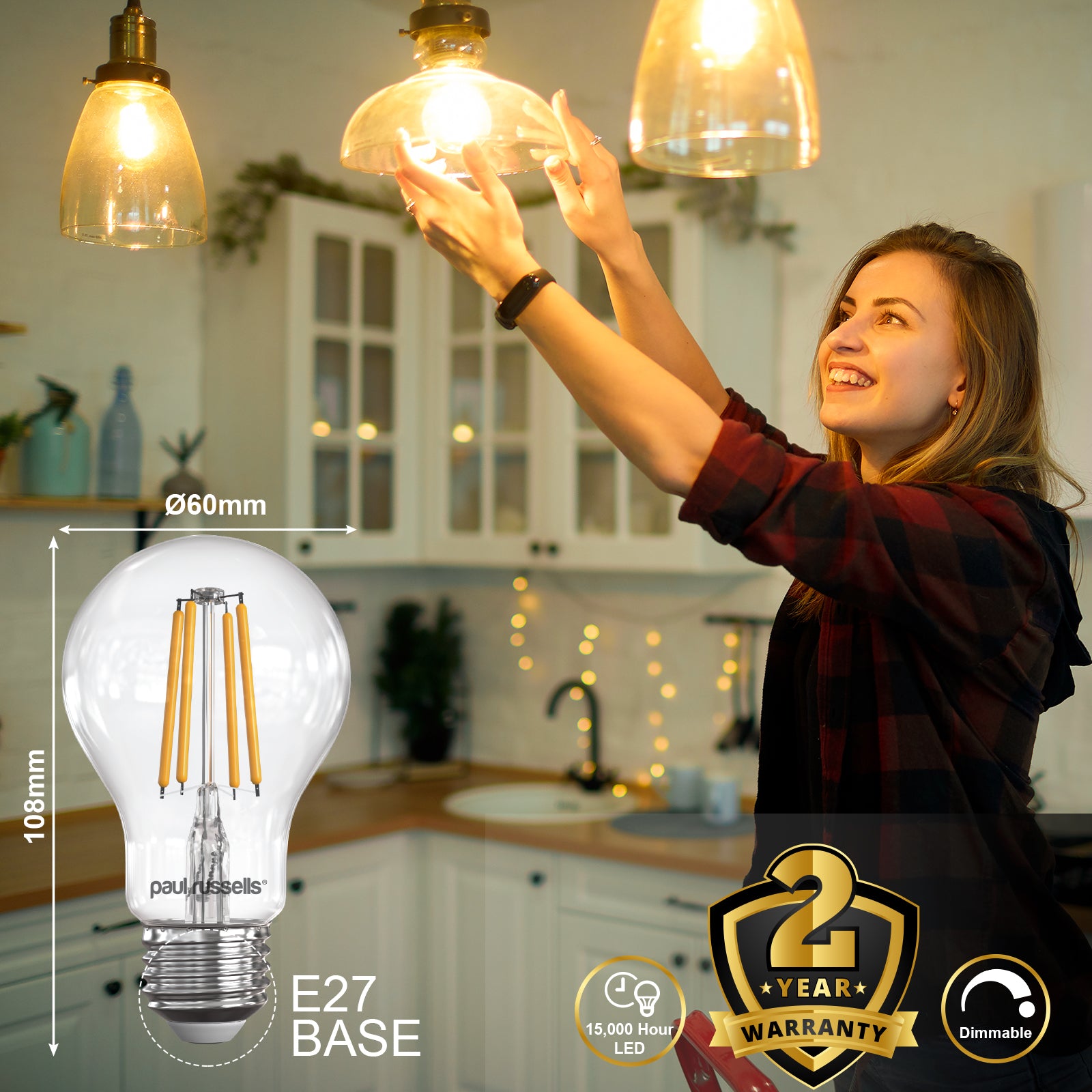 LED Dimmable Filament GLS 7W (60w), ES/E27, 806 Lumens, Warm White(2700K), 240V