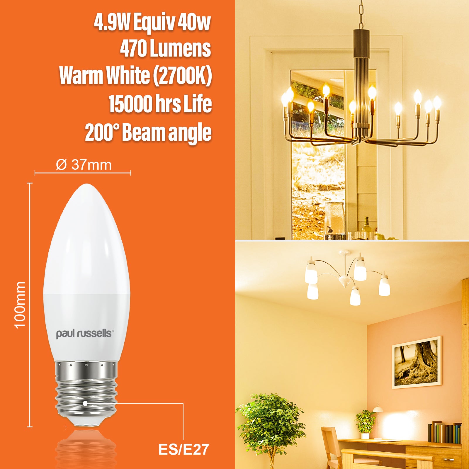 LED Candle 4.9W=40W Warm White Edison Screw ES E27 Bulbs