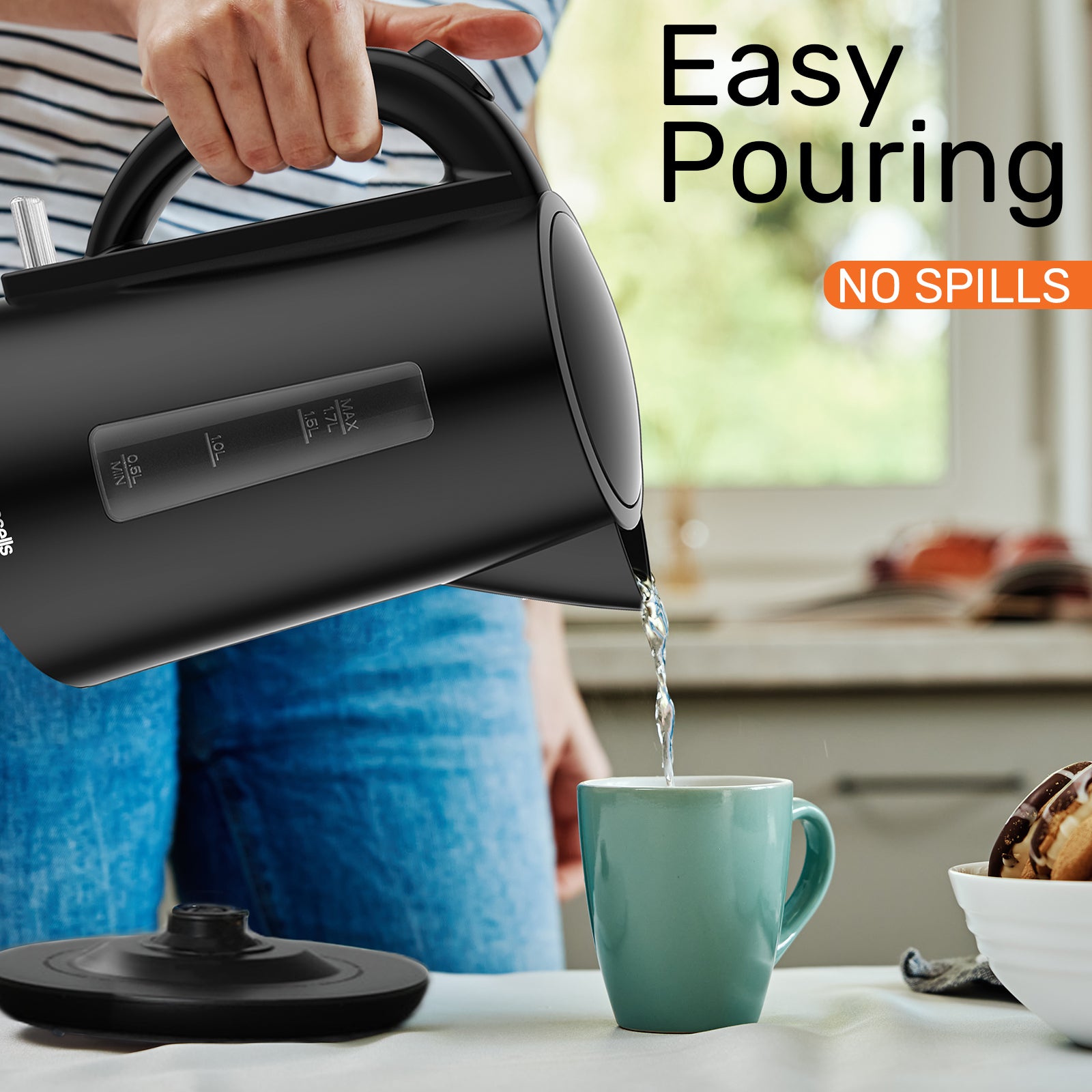 Paul Russells 3000W Cordless Electric Kettle - Ideal for Tea or Coffee Enthusiasts, 1.5L Capacity, Auto Shut Off, Transparent Water Window, 360° Swivel Base, Effortless Auto Lid Opening