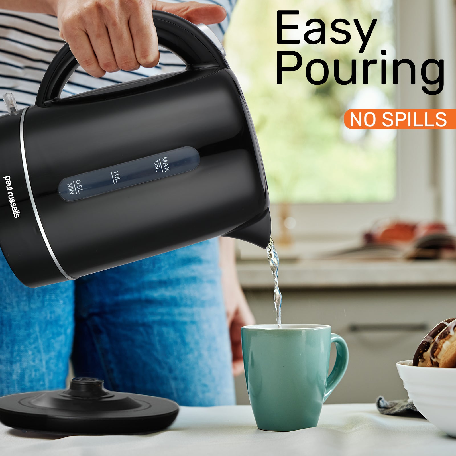 Paul Russells 3000W Cordless Electric Kettle - Ideal for Tea or Coffee Enthusiasts, 1.5L Capacity, Auto Shut Off, Transparent Water Window, 360° Swivel Base, Effortless Auto Lid Opening