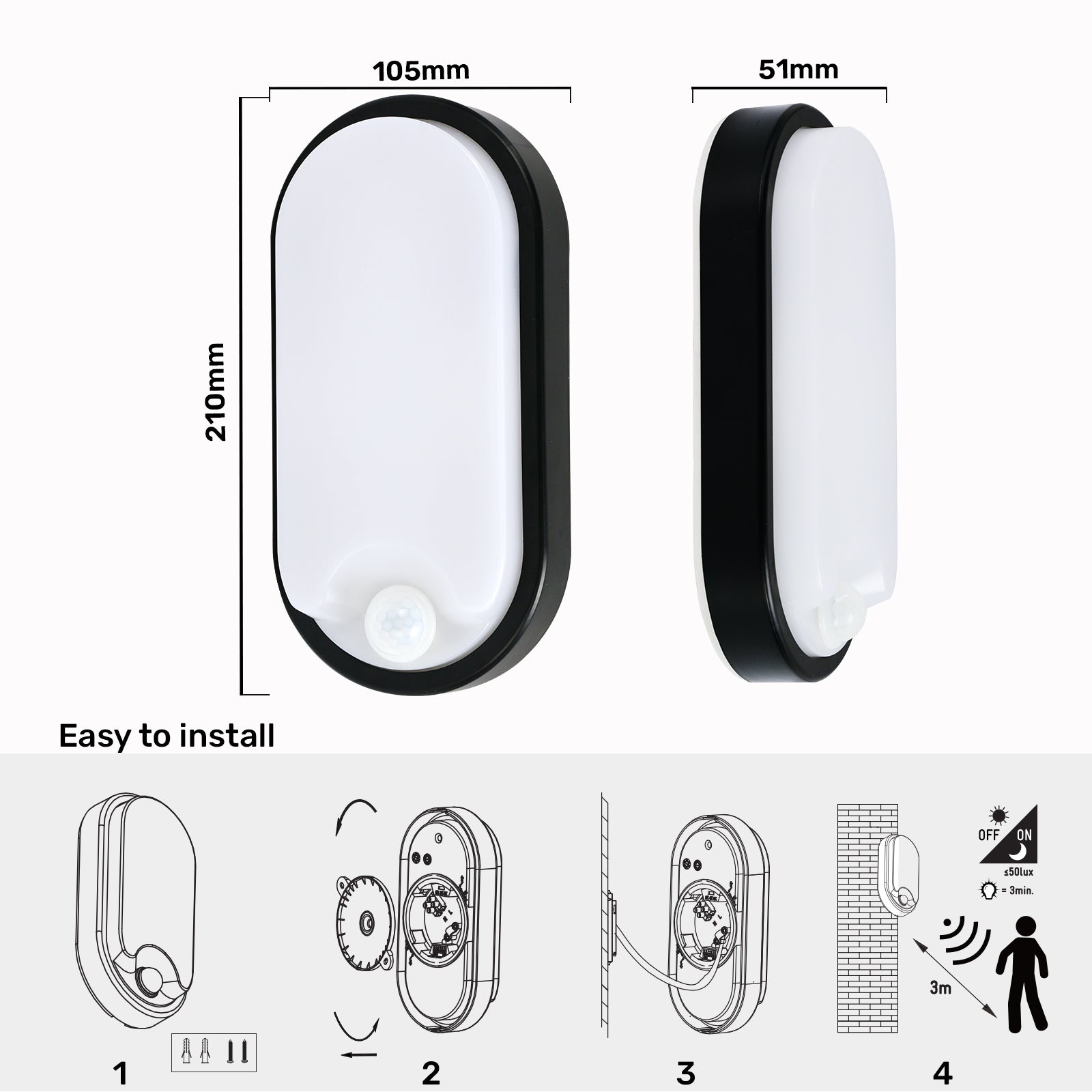 8W Oval LED Bulkhead Light, IP54 Waterproof, PIR Sensor, 650 Lumens, 6500K Daylight