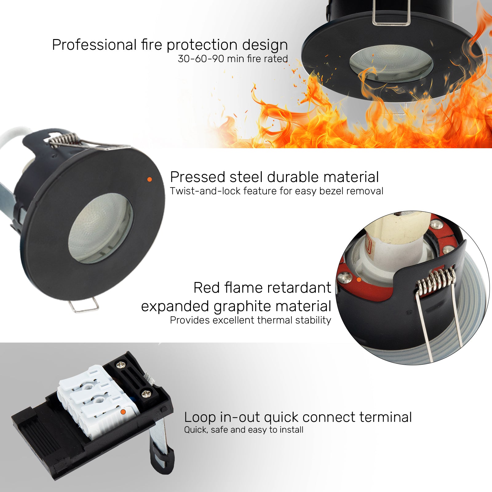 LED Fire Rated Downlights, IP65, Black Bezel, Without Bulb