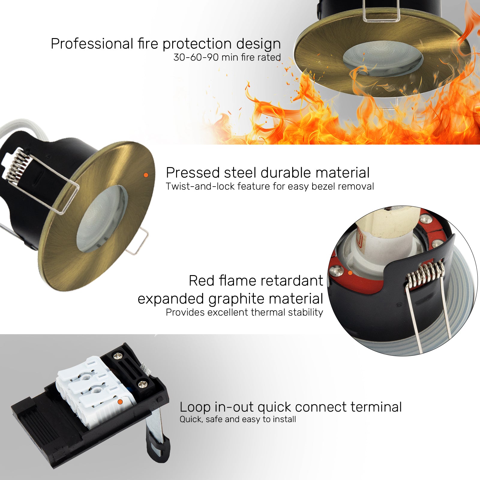 LED Fire Rated Downlights, IP65, Antique Brass Bezel, Without Bulb
