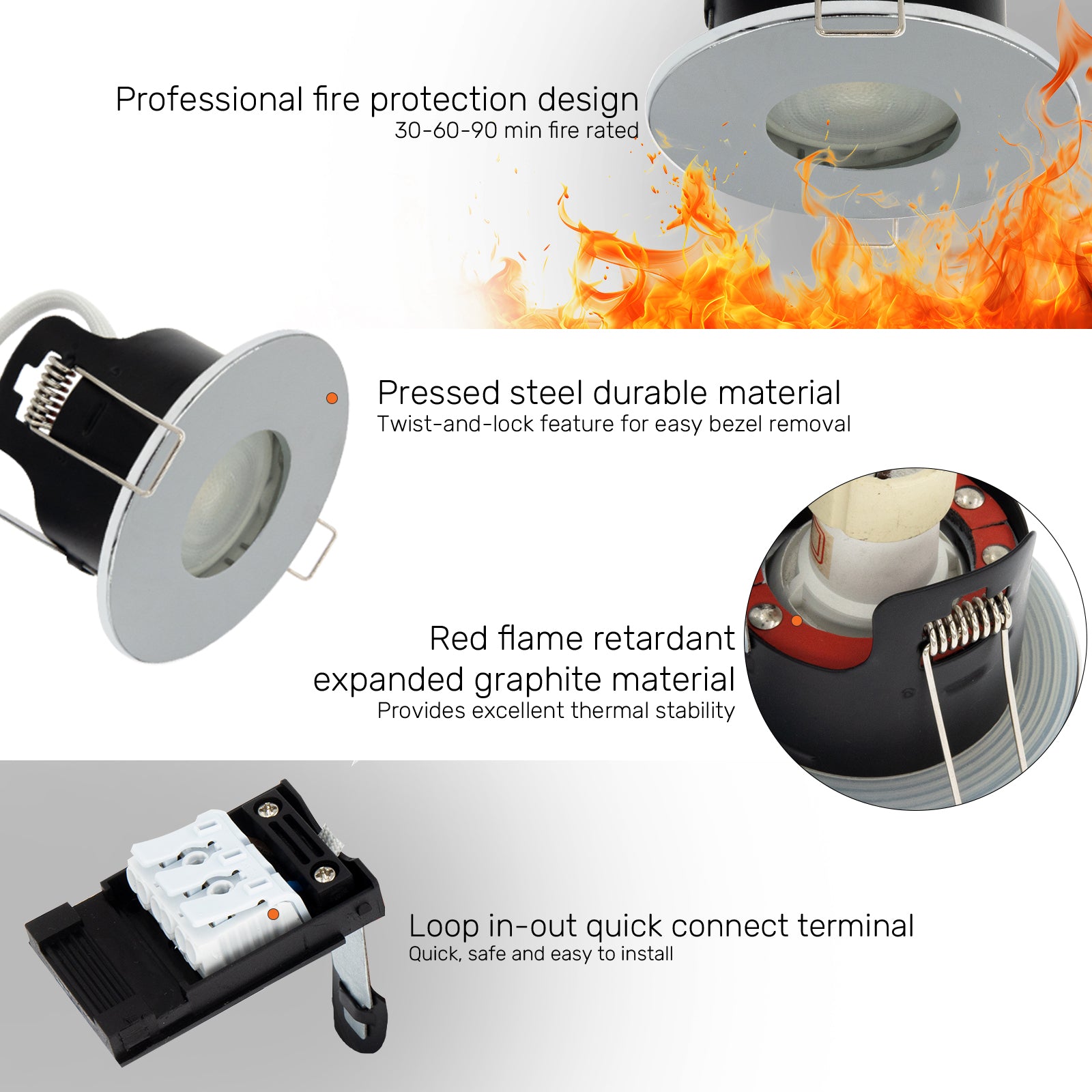 LED Fire Rated Downlights, IP65, Polished Chrome Bezel, Without Bulb