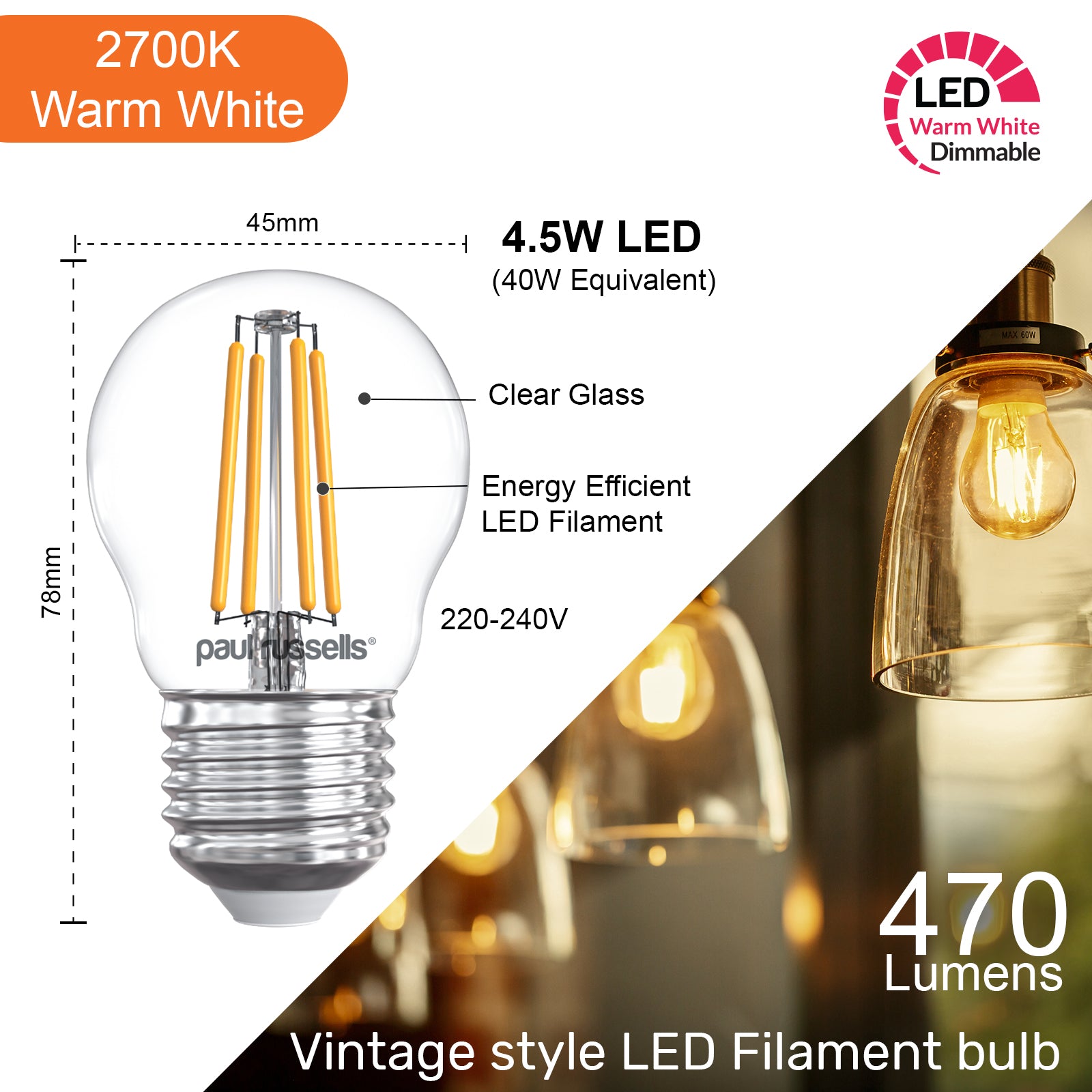 LED Filament Dimmable Golf 4.5W=40W Warm White Edison Screw ES E27 Bulbs