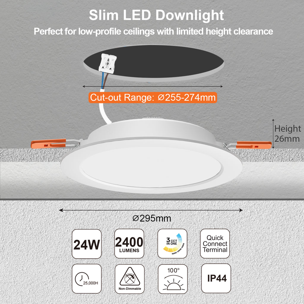 24W LED Round Ceiling Downlights – 2400 Lumens, CCT Switchable (3000K ...