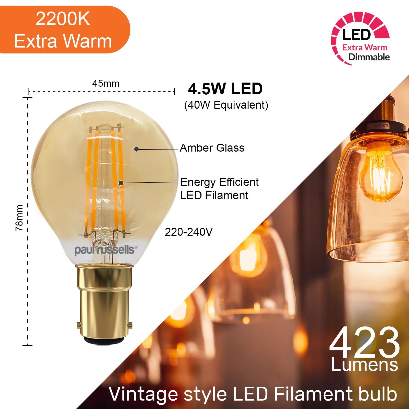 LED Filament Dimmable Golf 4.5W=40W Extra Warm White Small Bayonet Cap SBC B15 Bulbs