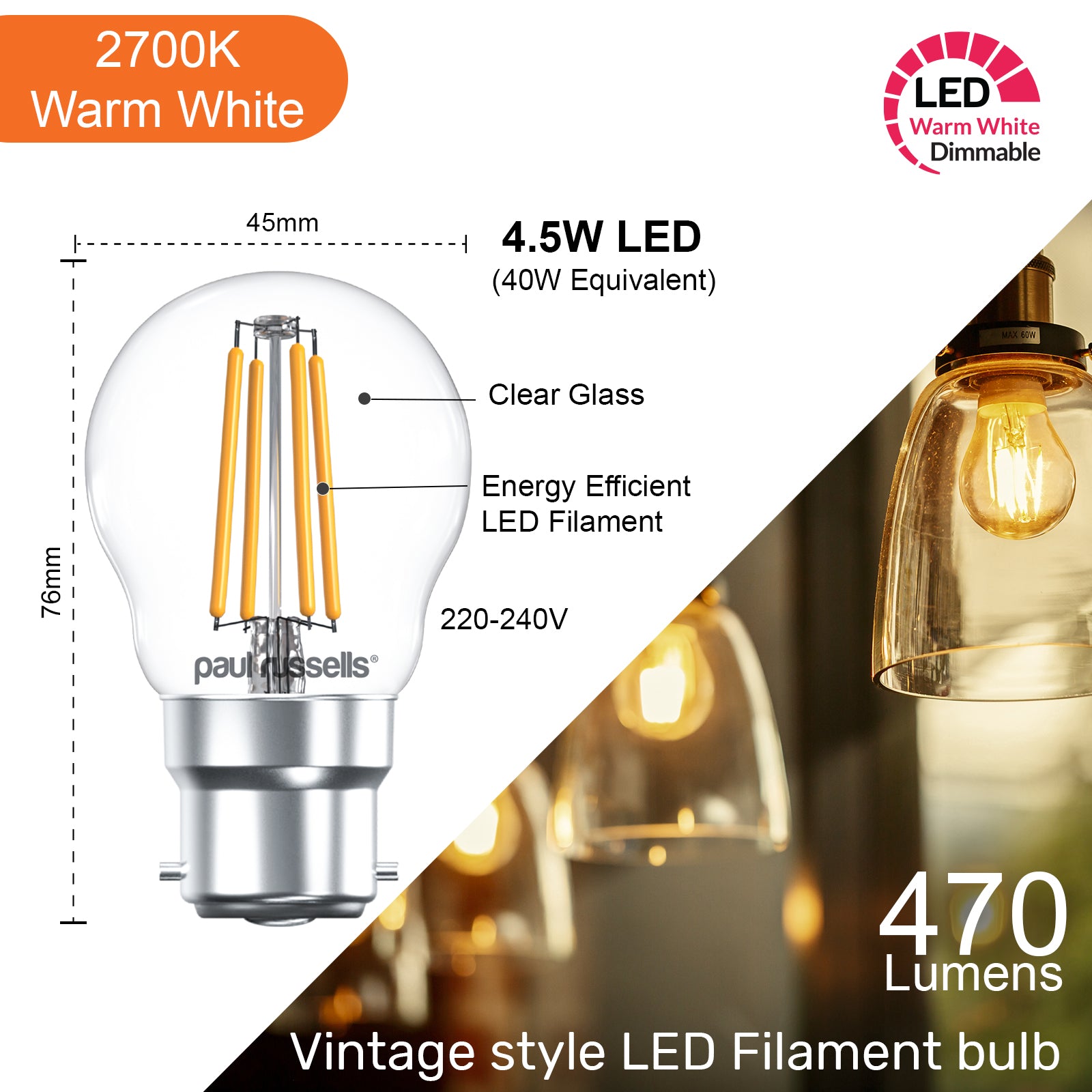 LED Filament Dimmable Golf 4.5W=40W Warm White Bayonet Cap BC B22 Bulbs