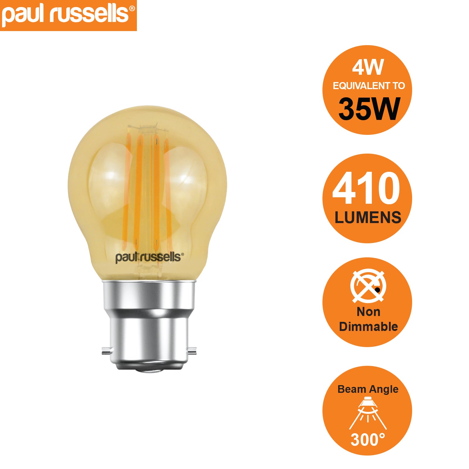LED Filament Golf Ball 4W=35W Extra Warm White Amber 2200K BC B22 Bayonet Cap Bulbs