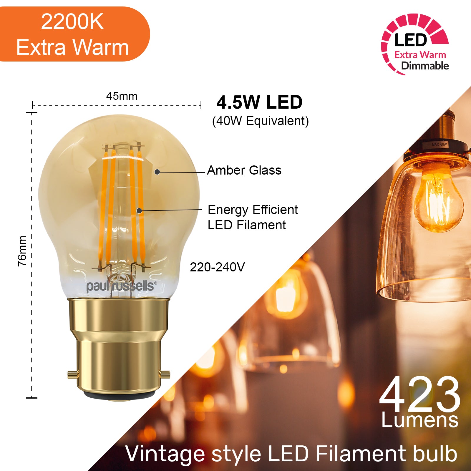 LED Filament Dimmable Golf 4.5W=40W Extra Warm White Bayonet Cap BC B22 Bulbs