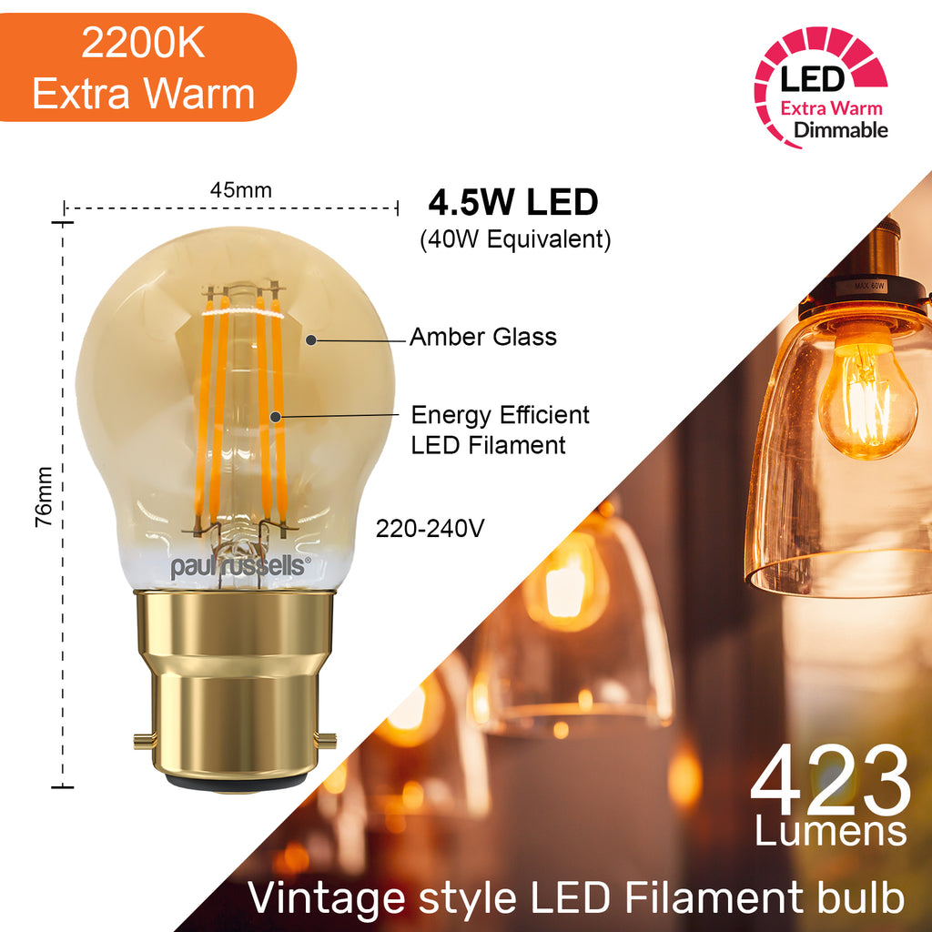 LED Filament Dimmable Golf 4.5W=40W Extra Warm White Bayonet Cap BC B2 ...