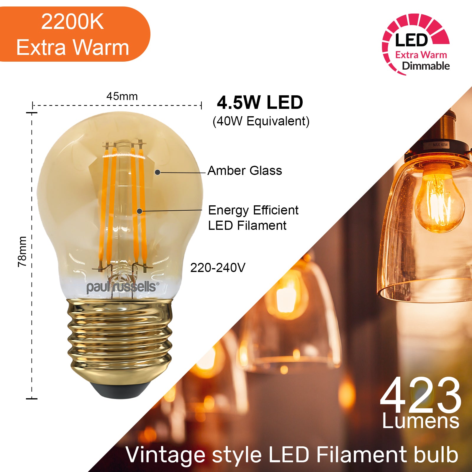 LED Filament Dimmable Golf 4.5W=40W Extra Warm White Edison Screw ES E27 Bulbs
