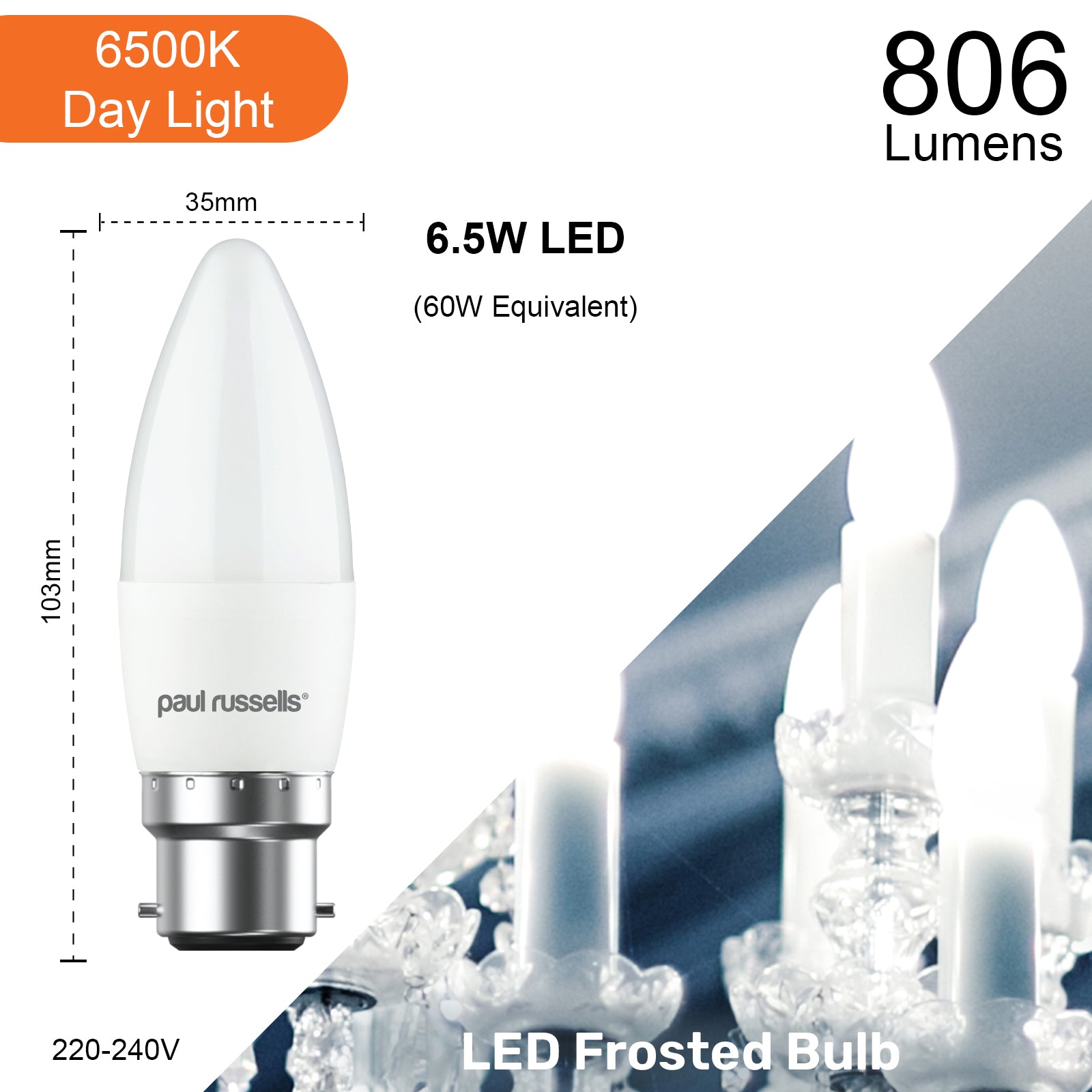 LED Candle 6.5W=60W Day Light Bayonet Cap BC B22 Bulbs