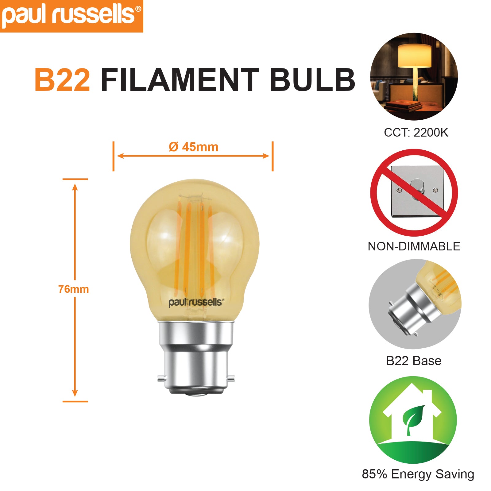 LED Filament Golf Ball 4W=35W Extra Warm White Amber 2200K BC B22 Bayonet Cap Bulbs