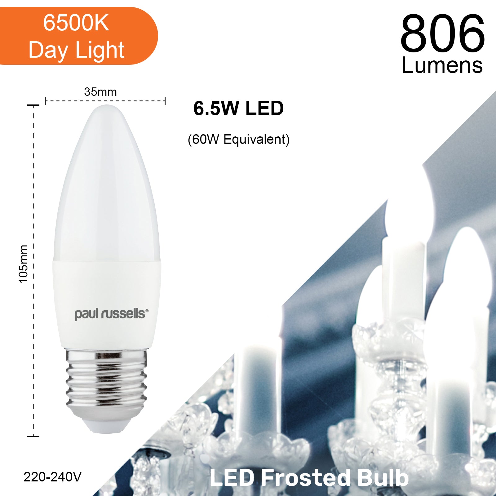 LED Candle 6.5W=60W Day Light Edison Screw ES E27 Bulbs