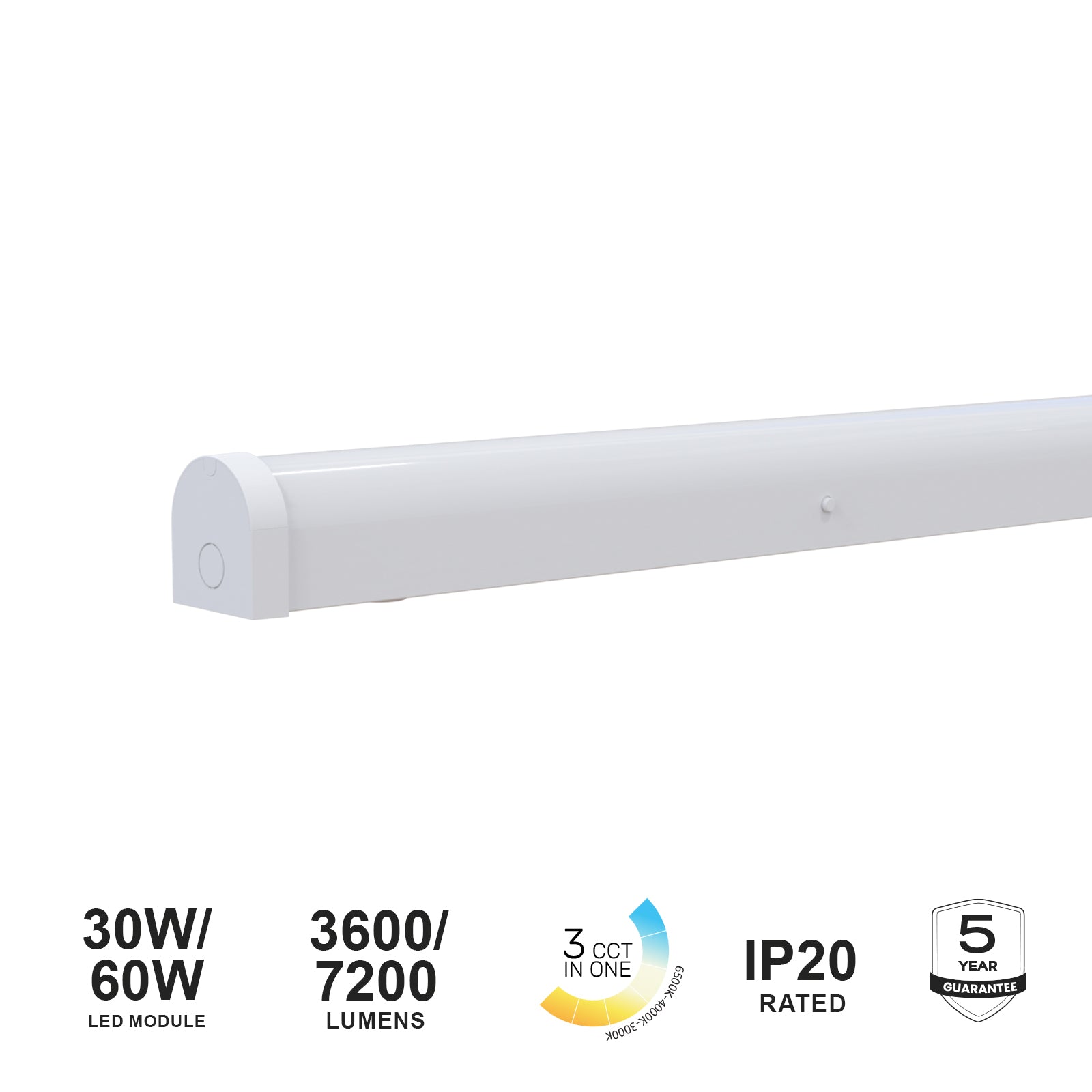 5FT LED Batten Light, 30W/60W - 3600/7200 Lumens, IP20, Adjustable 3 Colour CCT (Warm/Cool/Day White), 120° Indoor Ceiling Tube Light