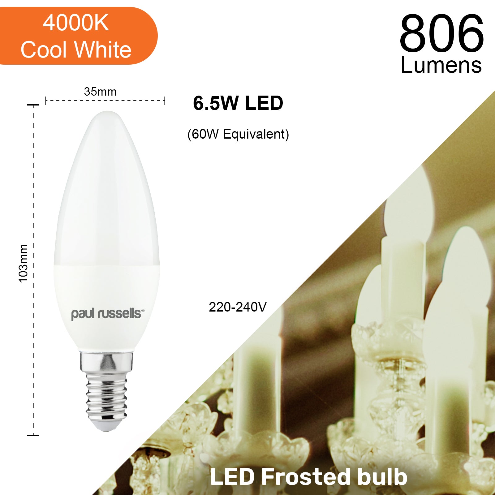 LED Candle 6.5W=60W Cool White Small Edison Screw SES E14 Bulbs