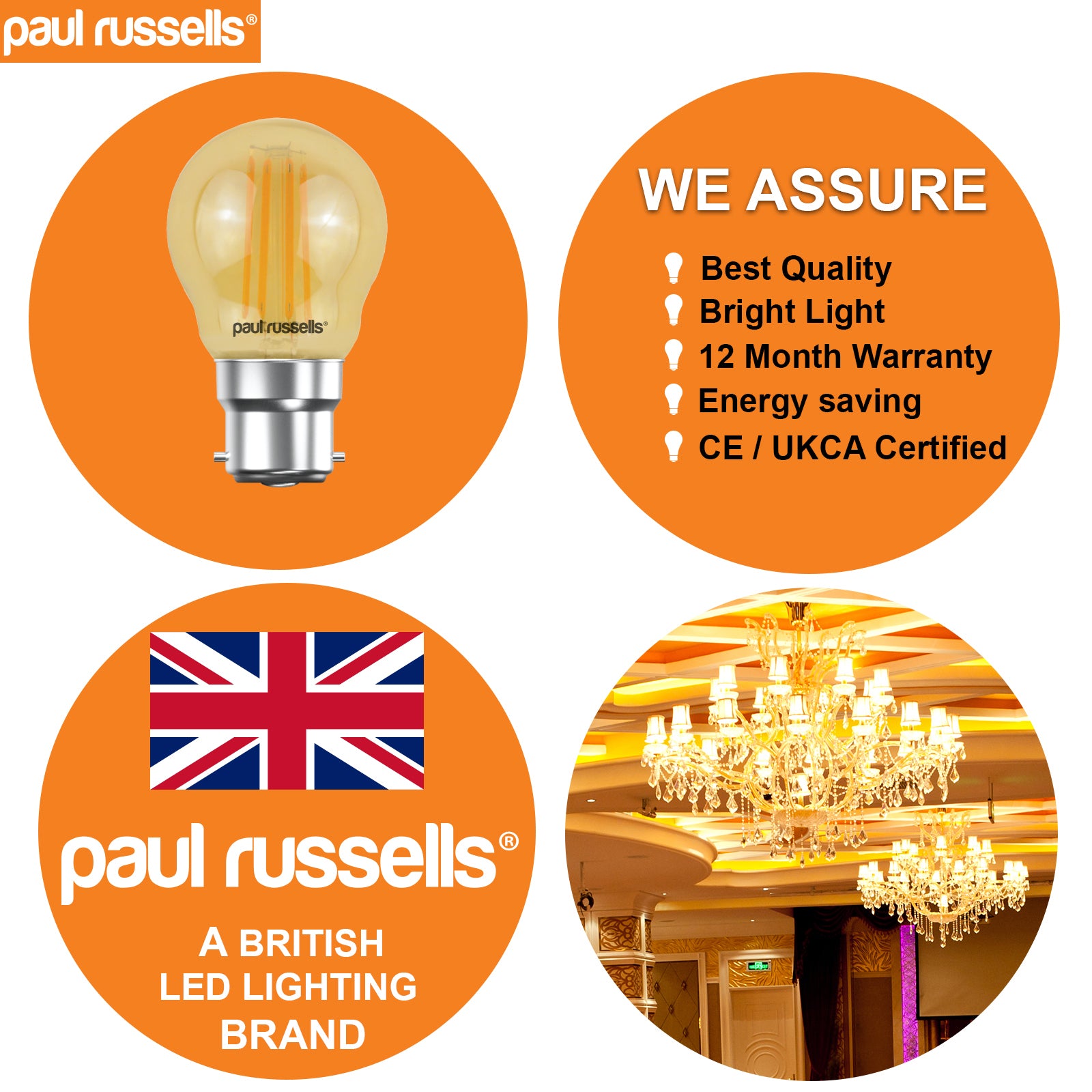 LED Filament Golf Ball 4W=35W Extra Warm White Amber 2200K BC B22 Bayonet Cap Bulbs