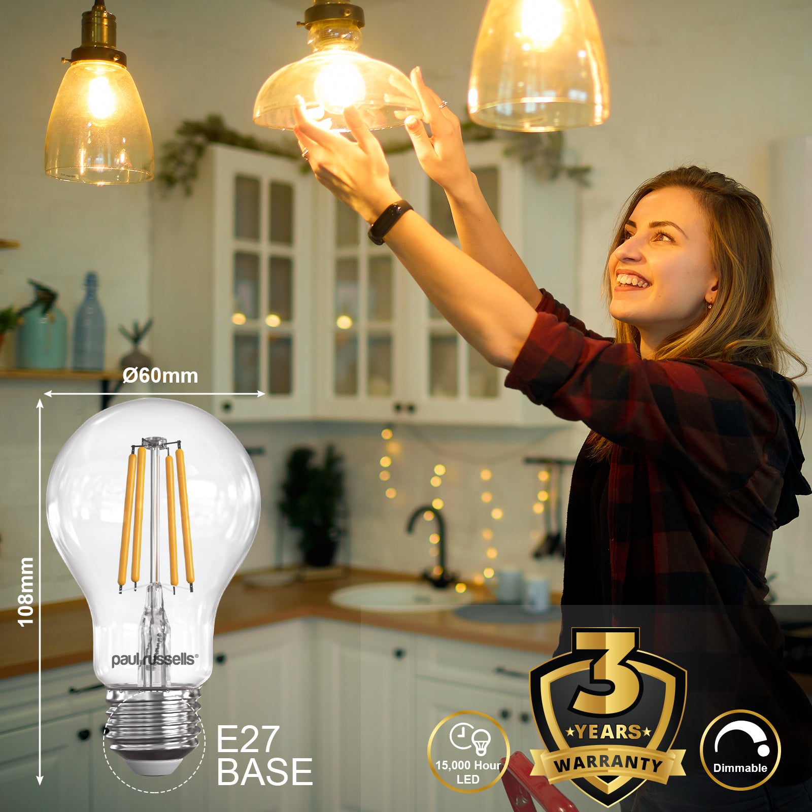 LED Dimmable Filament GLS 7W (60w), ES/E27, 806 Lumens, Warm White(2700K), 240V