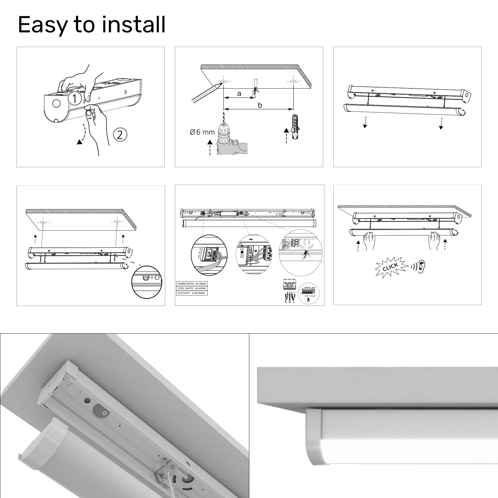 5FT LED Batten Light, 30W/60W - 3600/7200 Lumens, IP20, Adjustable 3 Colour CCT (Warm/Cool/Day White), 120° Indoor Ceiling Tube Light