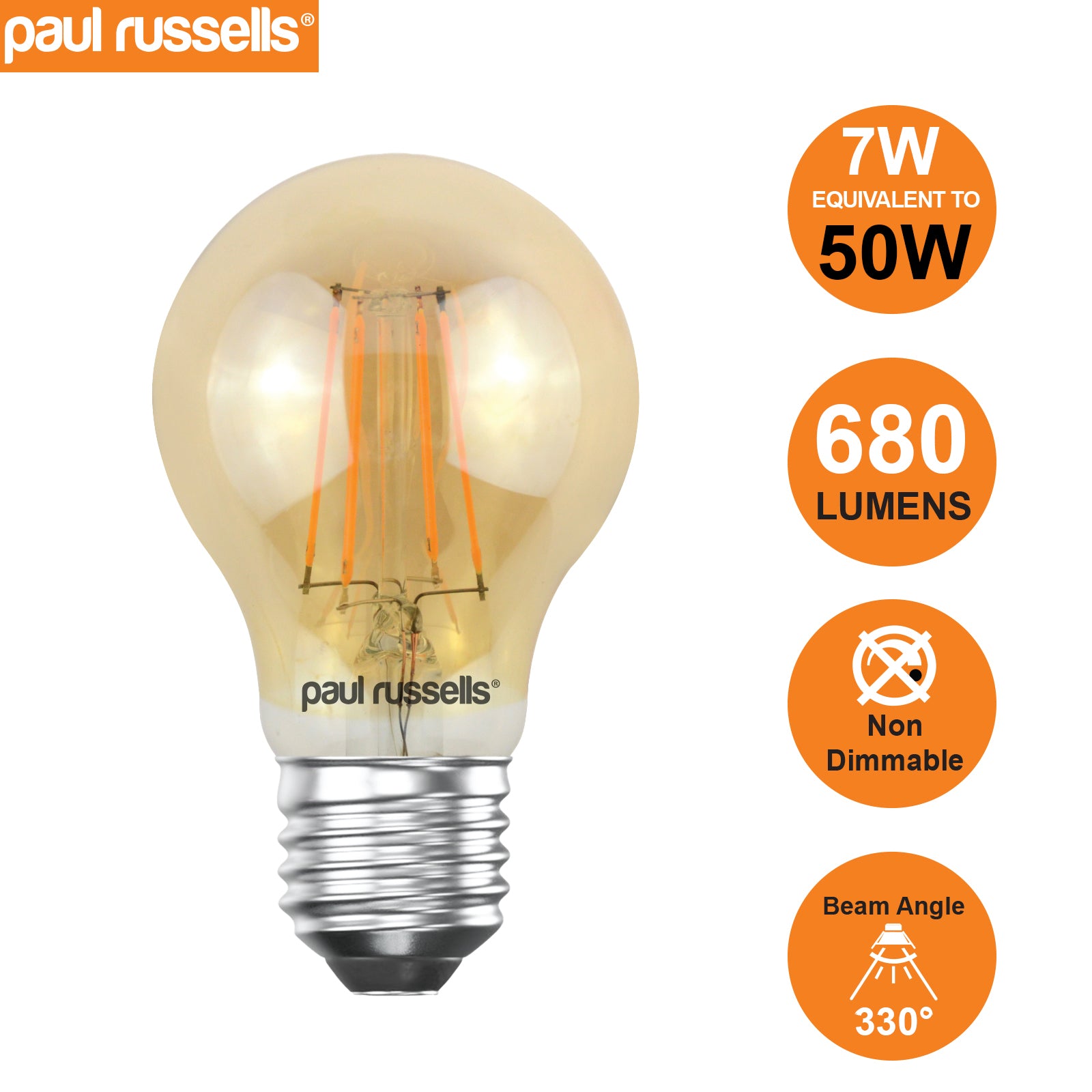 LED Filament GLS 7W=50W Extra Warm White Amber 2200K ES E27 Edison Screw Cap Bulbs